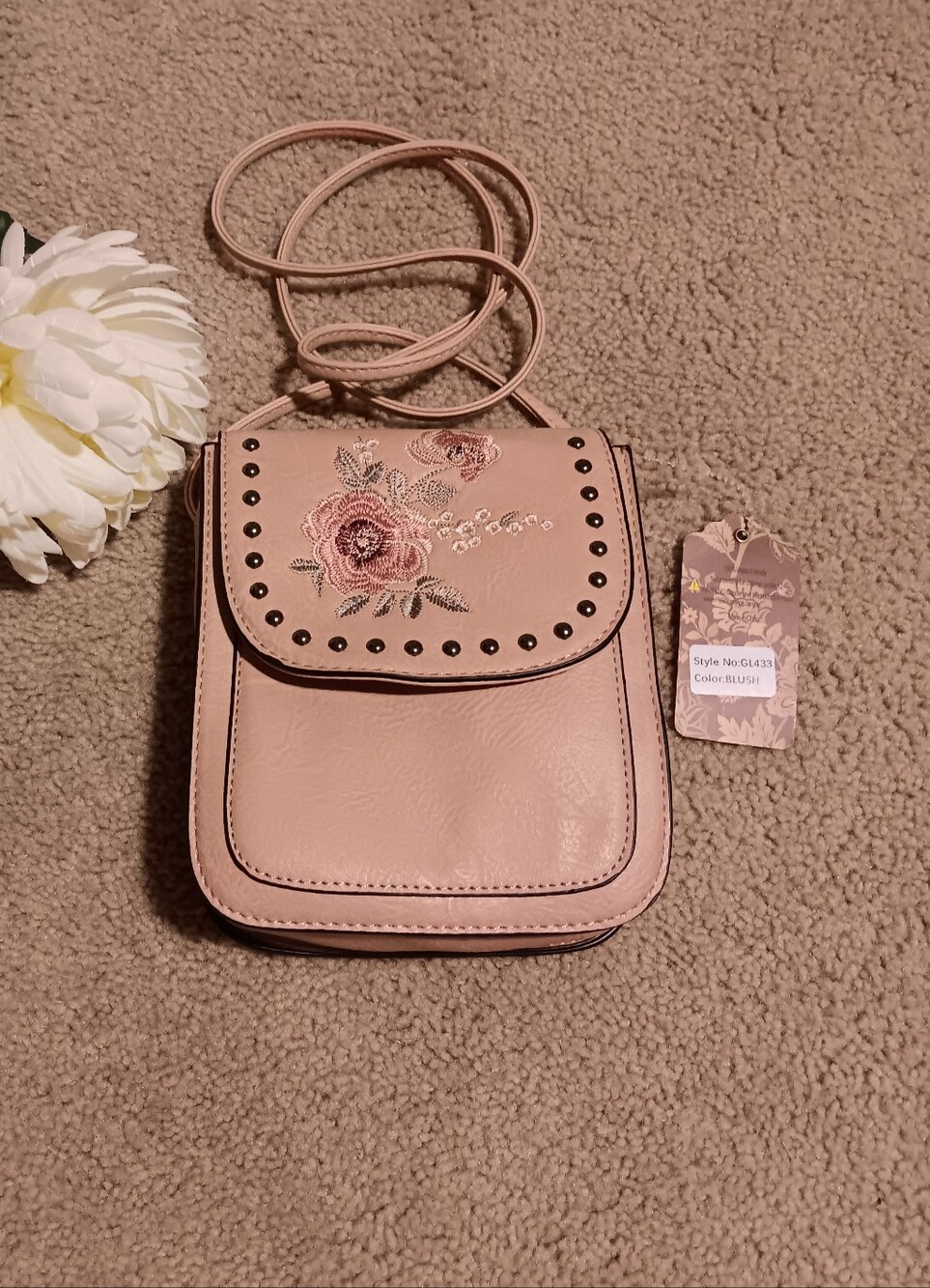 Sam & Hadley Blush Embroidered Crossbody Mini Bag with Stud Detail.